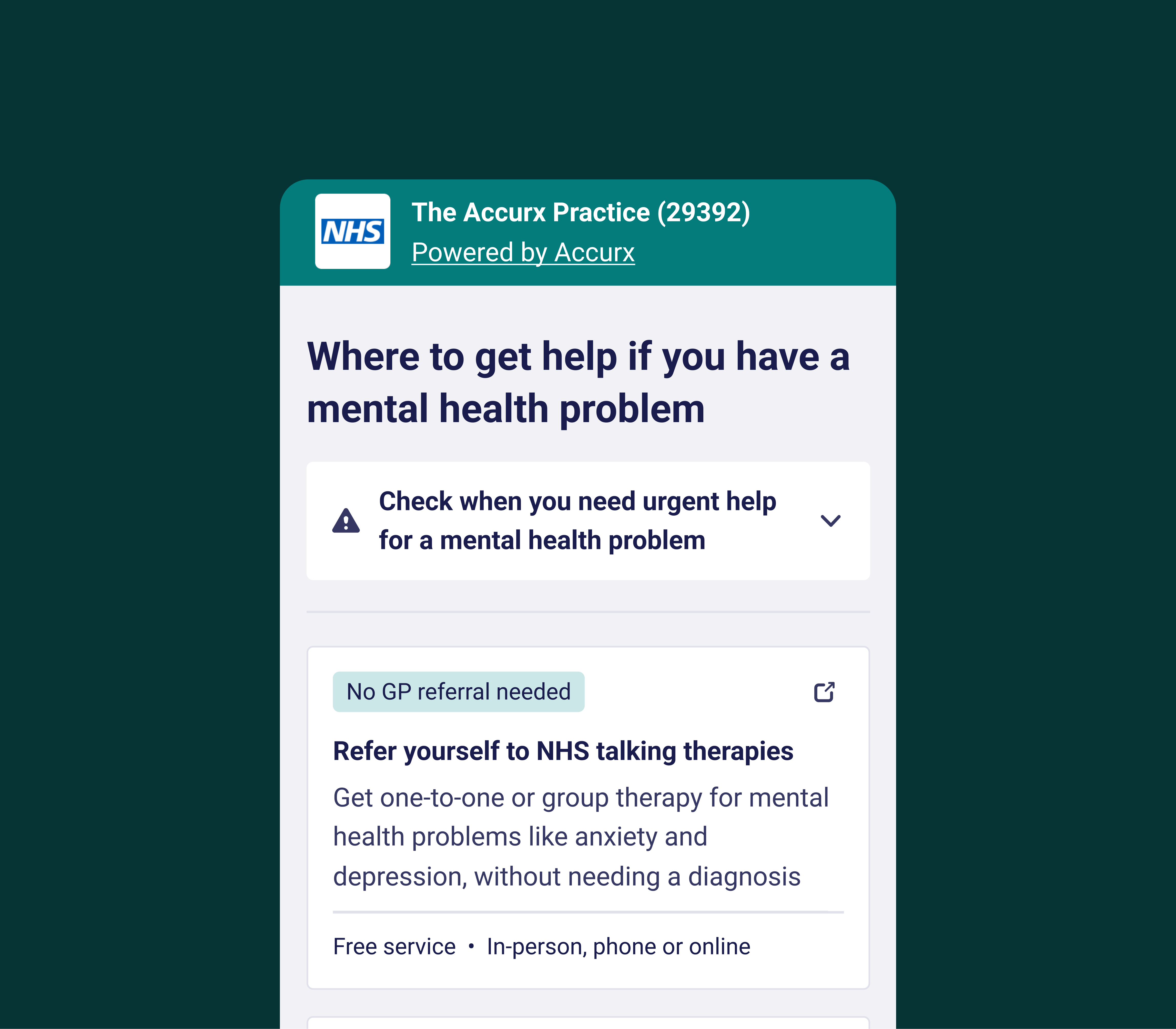 Accurx Navigator patient signposting interface for mental health support