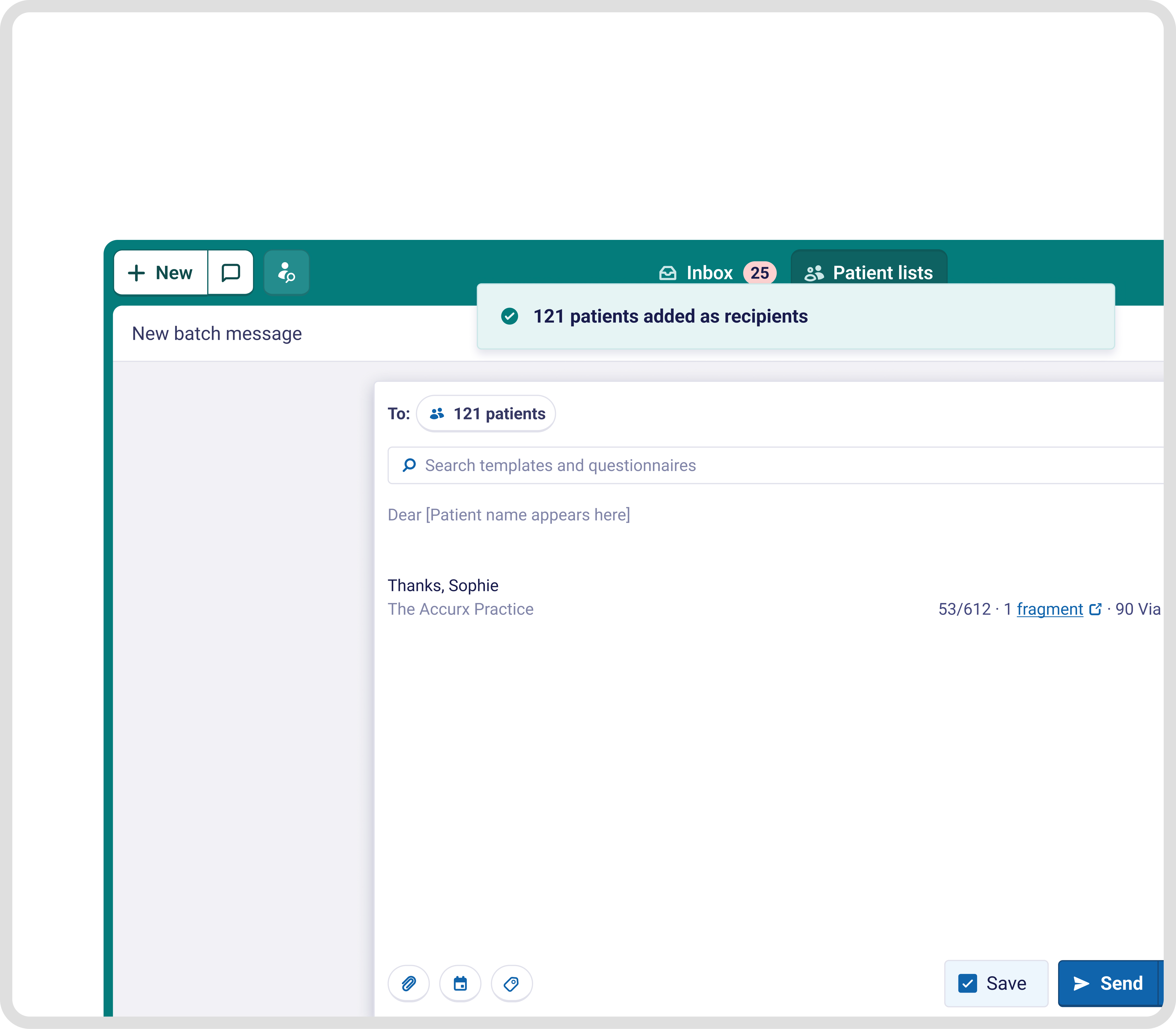 Batch messaging interface showing patients added as recipients