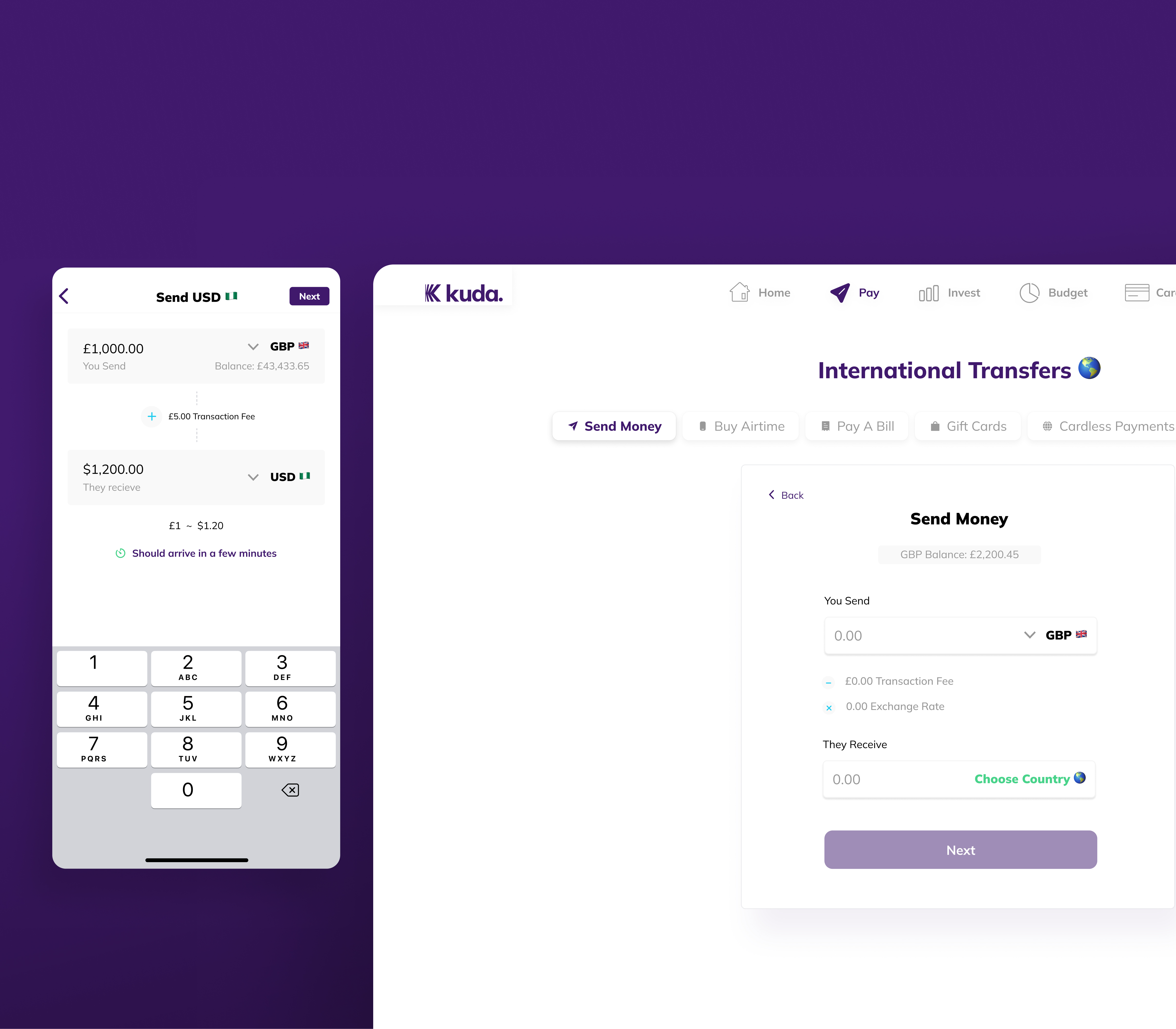 Kuda international remittance mobile and web transfer screens