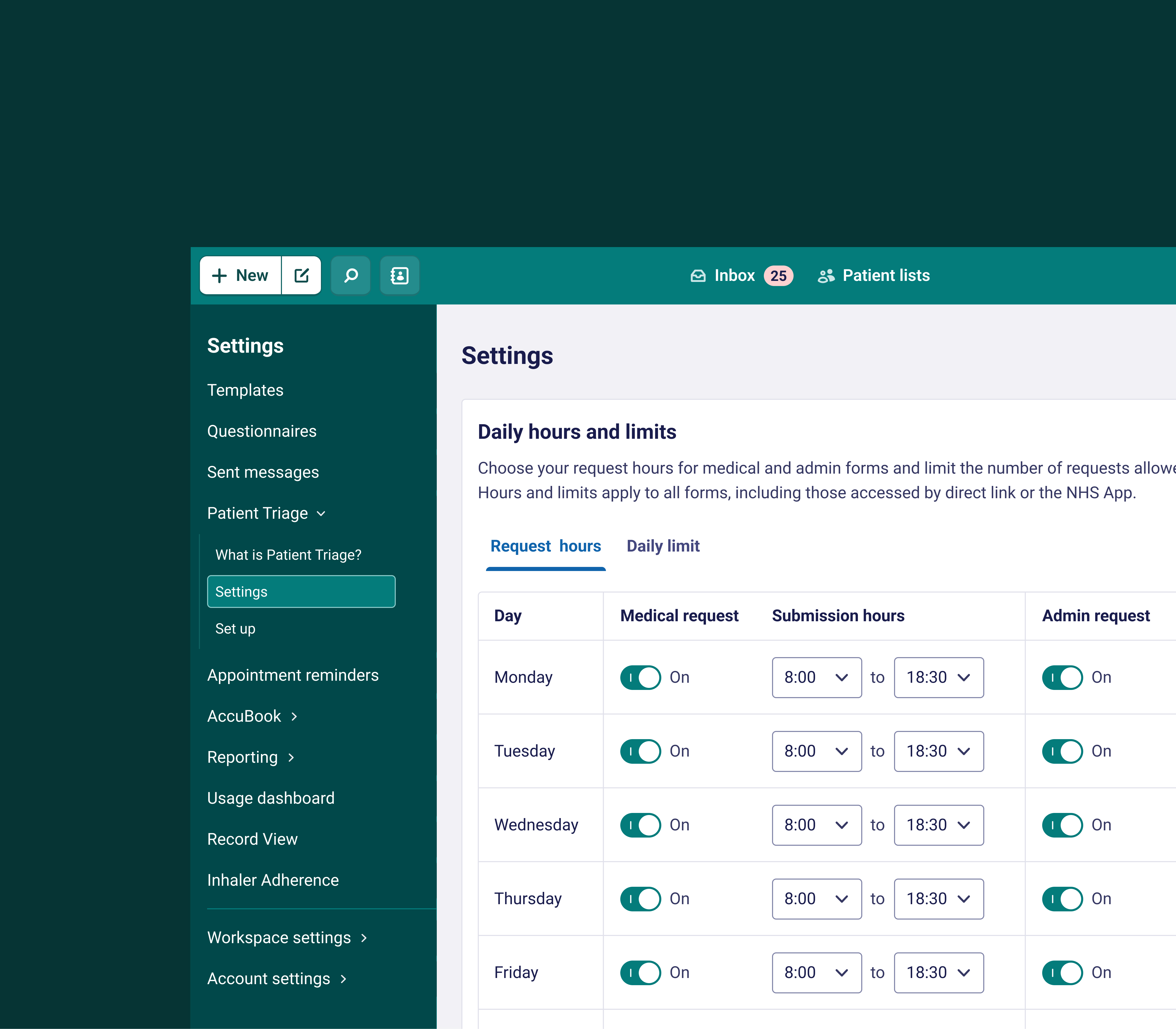 Patient Triage settings interface showing daily hours and limits